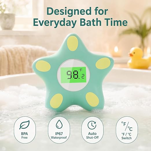 Baby Bath Thermometer for Infant & Toddler, Floating Digital Water Temperature Thermometer with 3-Color LED Backlight, Instant Accurate Reading,Baby Bath Toy,Hot & Cold Alert（Green starfish）