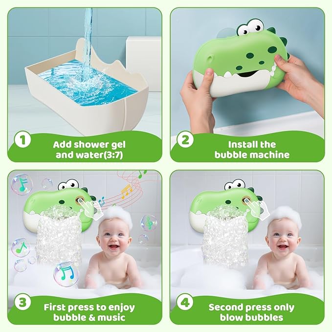 Baby Bath Toys, Rechargeable Dinosaur Bath Bubble Machine with Music, Bathtime Bathtub Toys for Toddlers Birthday Easter Gifts, Bubble Maker Toys for Kids Ages 1-3 4-8 Baby Gifts(Green)