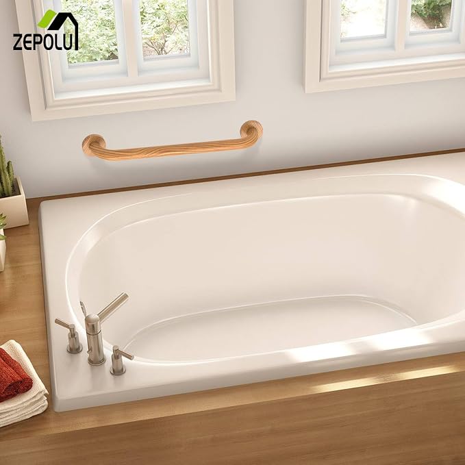 Wood Grain Shower Grab Bar 16 Inch, Zepolu Stainless Steel Safety Bar Wall Mount wooden grab bar, Bathroom Balanced Handrail Shower Support Assist Handle for Elderly Senior Handicap Injury-1" Diameter