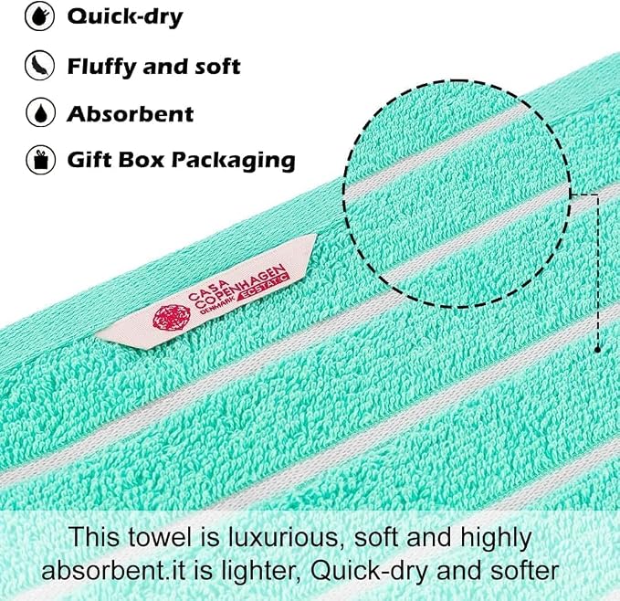 CASA COPENHAGEN Ecstatic 6Pcs 100% Egyptian Cotton Large Designer Towels Gift Set- Aqua Blue, 600GSM, 2Bath 2Hand 2Washcloths, Bath Towels for Bathroom (Gift Set for Women & Men)