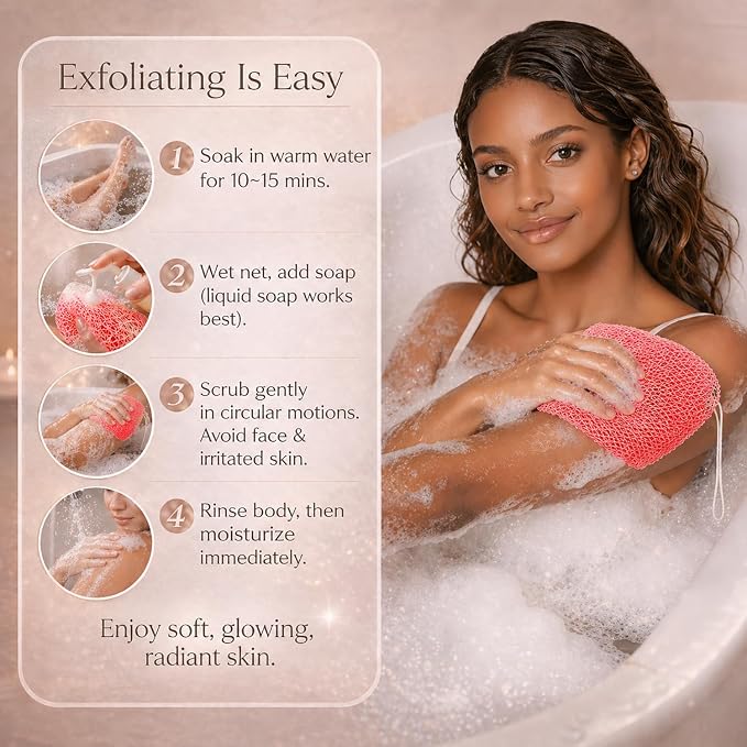 African Net Sponge Authentic, 4 Pcs Real African Exfoliating Net Sponge with Knots for Daily Shower Stretch Back Scrubber for Women Men Bath Travel Gift Gym Use (Black+Olive Green+Pink+Champagne Gold)