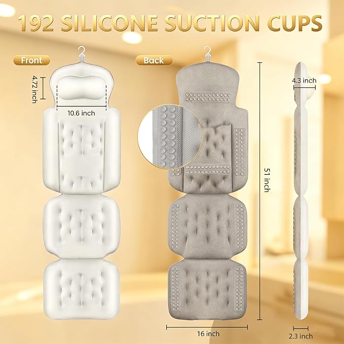 Full Body Bath Pillow, Luxury Bath Cushion with 192 Suction Cups, Bath Pillows for Tub for Head and Neck Support, with Laundry Bag White, 51" x 16"