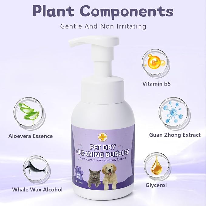 Cat Waterless Shampoo with Brush, for Quick Cleaning Between Baths, No Rinsing Needed, Hypoallergenic, Suitable for Cats and Dogs