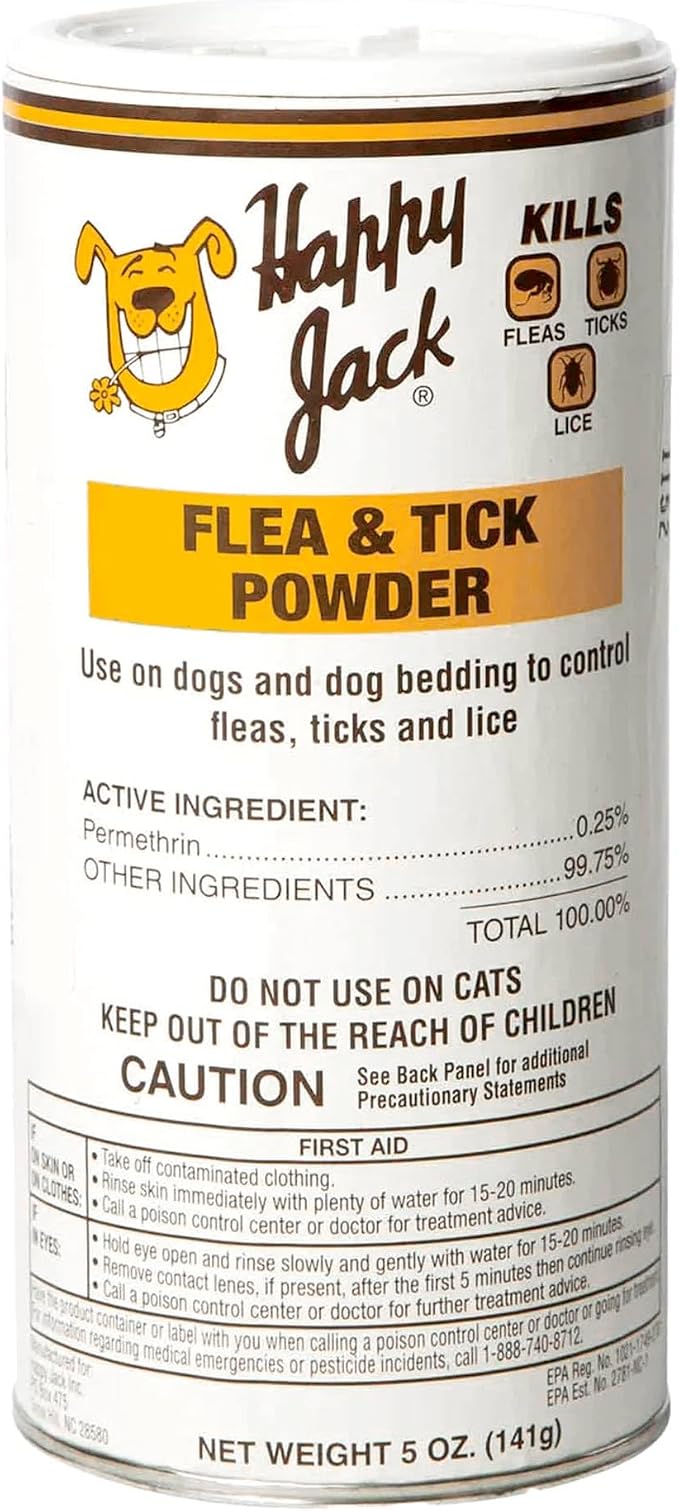 Happy Jack Flea and Tick Powder for Dogs & Puppies, Odorless, 5 oz | Flea Treatment & Control, Kills Pests, Ticks & Lice, Non-Staining, Dust on Sleeping Quarters & Dogs