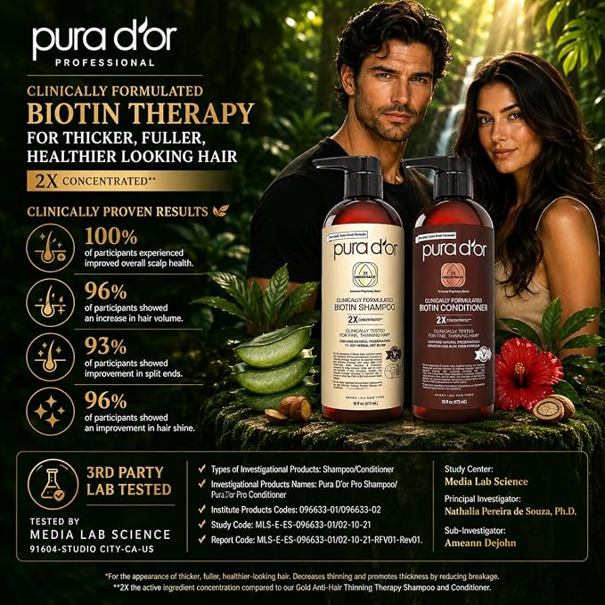 PURA D'OR Clinically Formulated Biotin Shampoo & Hair Regrowth Conditioner For Hair Thinning - 2X Concentrated Proprietary Thickening Blend For Women & Men, Sulfate Free, Botanical Zen Scent,16oz x2