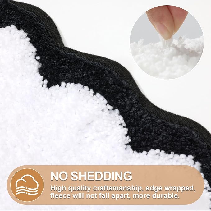 ORTIGIA Small Cute Scalloped Bath Mat, White and Black Plush Microfiber Scallop Bathroom Rugs Non Slip Washable Quick Dry Absorbent, Bathmat for Shower Stall Vanities Kitchen Floor Entrance, 17x24