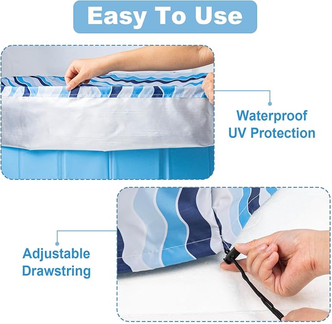 Foldable Round Dog Swimming Pool Cover, for 32"/48"/63" Collapsible Outdoor Tub,PVC Coating Waterproof and UV Protection (S-32 * 8 inch, Blue Stripes)