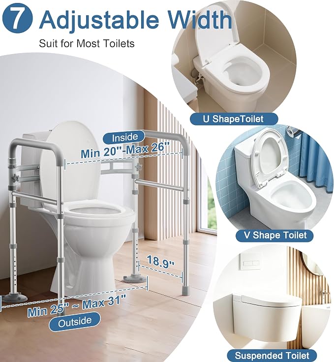 HOMLAND Toilet Safety Rails for Seniors, Adjustable Height & Width, 350 Lbs | Padded Armrests, Foldable Aluminum Toilet Safety Frame, Handicap Toilet Handles for Elderly and Disabled, Fit Any Toilets