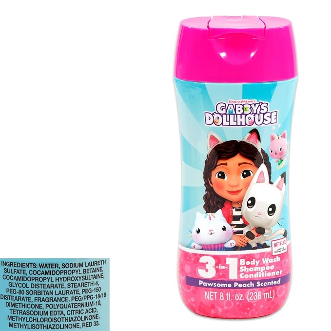 Gabby's Dollhouse Kids Shampoo, Conditioner, Body Wash 8 Oz Bottle - Bundle with 3-in-1 Berry Scented Body Wash, Shampoo & Conditioner Plus Stickers, More | Gabby's Dollhouse Bathroom Set