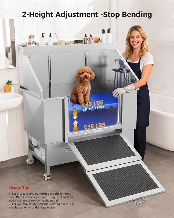 CAMMOO 50'' Dog Bathing Station - 304 Stainless Steel, Leak-Proof Deep Soak, Dog Bathing Station, 27.4" Wide Ramp, Swivel Wheels, Dog Grooming Tub, Piano-Key Faucet, 2 Drawers for Medium & Small Pets