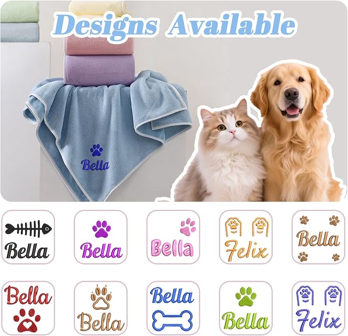 Custom Pet Bath Towel with Embroidered Name, Personalized Paw Print Pet Towel for Dogs and Cats,Soft Coral Fleece Dog Drying Towel (Grayish Blue)