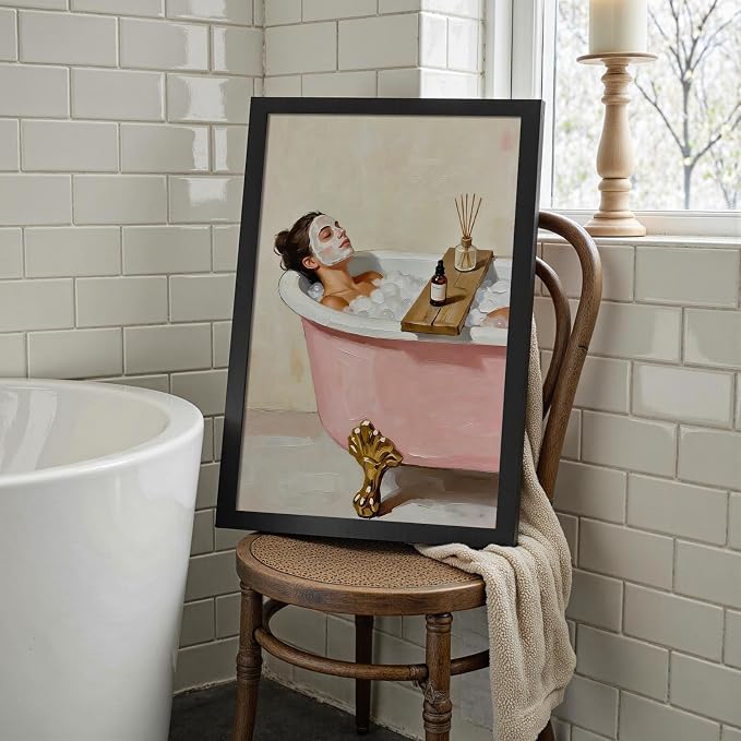Relaxing Spa Bath Wall Art Woman with Face Mask in Pink Clawfoot Tub Poster Modern Bathroom Oil Painting Print Aesthetic Wall Decor for Powder Room Apartment 16X24 in Wrapped Framed