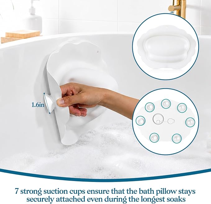 Bath Pillow for Tub, Inflatable Silicone Bathtub Pillow for Head & Neck Support, Adjustable 0-2.3" Height, 7 Strong Suction Cups, Waterproof, Quick-Drying, Luxury Spa Gifts for Women Men (White)