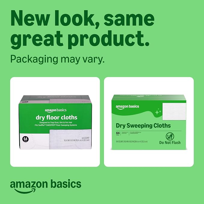 Amazon Basics Dry Sweeping Cloths for Floor Cleaning, Pet Hair, Dust, Dirt, Multi-Surface, Disposable, Fits Swiffer Sweeper Mop Heads, 64 Count (Pack of 2), Packaging May Vary