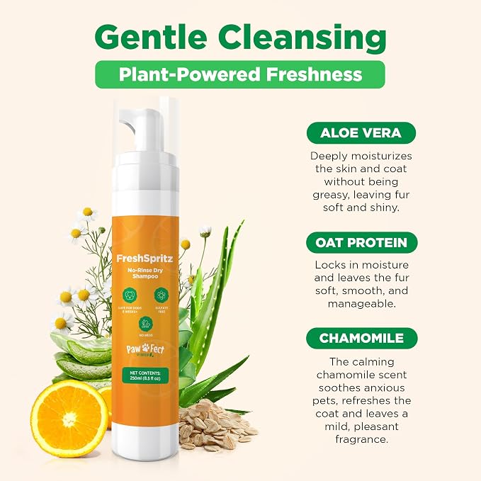 FreshSpritz Waterless Foaming Pet Shampoo with Aloe, No-Rinse Wash for Dogs, Cats & Small Pets - for Odor & Dander, Non-Sticky, Plant-Based Scent, Fast-Drying Grooming Foam - 250ml 8.5 fl oz