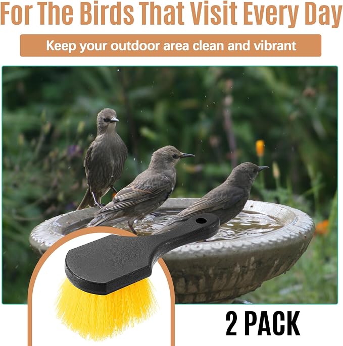 CroBlissful 2 Pcs Bird Bath Cleaning Brush Hard Bristle Stiff Bristle Brush with Plastic Handle Utility Scrub for Bird Feeder Bath Accessories Fountain Outdoor Cleaning(Yellow)