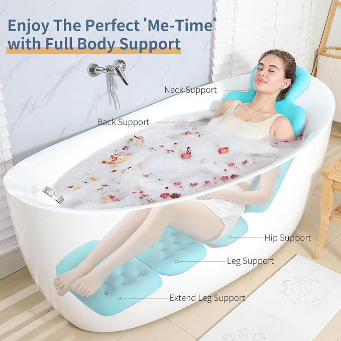 Luxury Bath Cushion, Full Body Bathtub Pillow with 160 Suction Cups, Bath Mat for Head and Neck Support, with Laundry Bag (Blue, 60" x 16")