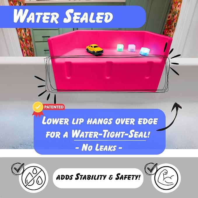 Tub Topper Mini Bathtub Splash Guard & Bath Shelf for Kids - Toy Tray, Pink | Toddler Storage Ledge, Patented Lip Design, Non-Silicone, BPA-Free, Easy to Remove & Clean, Made in USA