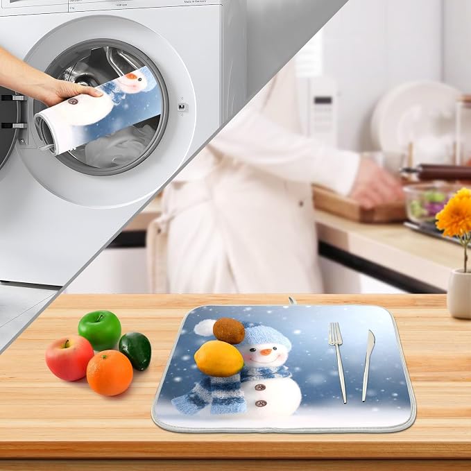 Cute Snowman Blue Dish Drying Mat, Absorbent Drainer Mats for Kitchen Counter Coffee Maker 18"x16"