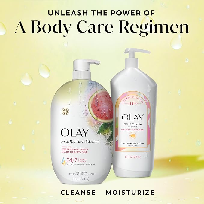 Olay Body Wash for Women, Fresh Radiance, 24/7 Skin-Loving Freshness, Visibly Radiant, Plant Based Cleansers, Vitamin B3 & Antioxidant Blend, For All Skin Types, Watermelon & Agave Scent, 35 fl oz