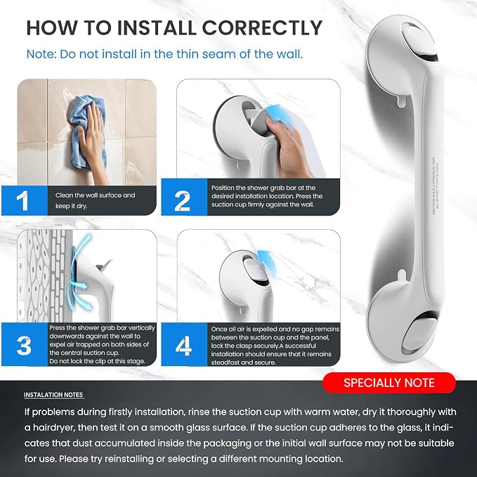 2 Pack 16 Inch Grab Bars for Bathtubs and Showers for Seniors, Heavy Duty Shower Handle for Elderly, Suction Cup Removable Handrails Handicap Bath Grip Bathroom Upgrade Safety Grips (White)