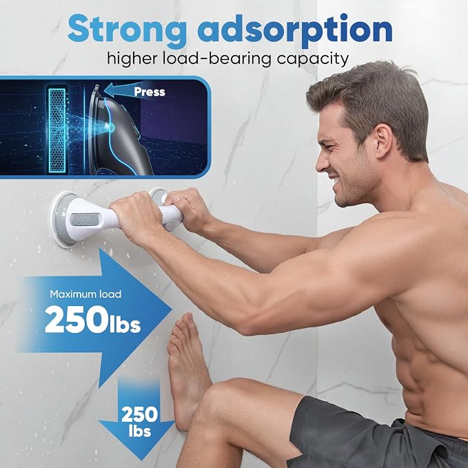 Shower Grab Bars for Bathtubs and Showers, 2 Pack Suction Grab Bars, Heavy Duty Removable Shower Handles with Strong Suction, Bathroom Safety Grip for Seniors, Elderly, Handicap, No Drilling, Gray