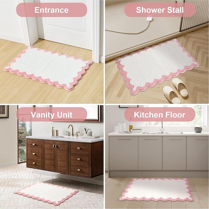 ORTIGIA Long Cute Scalloped Bathroom Rugs Runner, Fun Pink Plush Microfiber Scallop Bath Mats Non Slip Washable Quick Dry Absorbent, Rug Carpet for Bathtub Sink Laundry Room Bedroom, 24x59