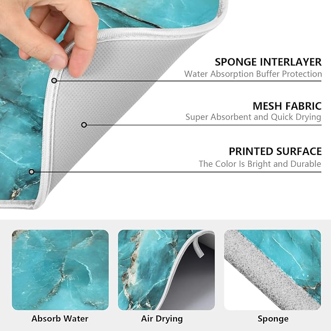 Teal Marble Pattern Dish Drying Mat, Absorbent Drainer Mats for Kitchen Counter Coffee Maker 24"x18"