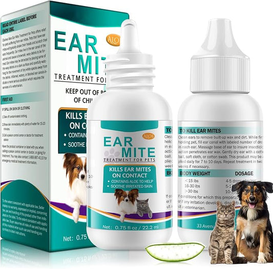 Ear Mite Treatment for Dogs and Cats, Cat Ear Cleaner with Aloe Vera, Cleaner on Contact & Soothes Itching, Vet-Recommended Formula for Pets Ear Cleaning, Fast-Acting