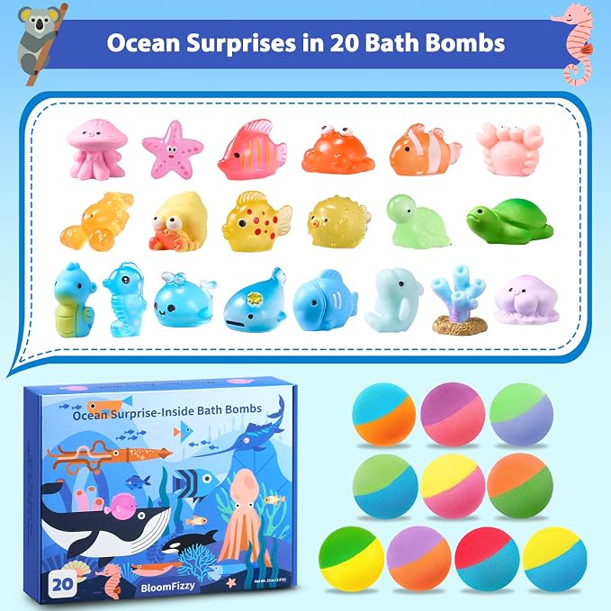 20 Kids Bath Bombs with Surprise Ocean Animal Toys, Child-Safe Gift Set | Ocean animal toys inside, natural ingredients, kid-safe formula, non-staining fizz, birthday & holiday gift, travel-friendly