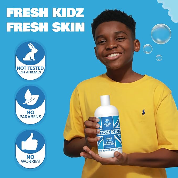 Fresh Kidz Hair & Body Wash 16.9 fl.oz. and Stick Deodorant 2.65 oz for Kids and Teens - Boys Blue Set