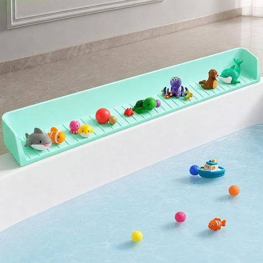 Bathtub Splash Guard for tub Kids& Bath Shelf for Kids – Toddler Bath Tray, Bath Toys Storage & Ledge Organizer – Splash Guard for Bathtub with Suction Cups – Kids Bathroom Accessories(2.6FT, Green)