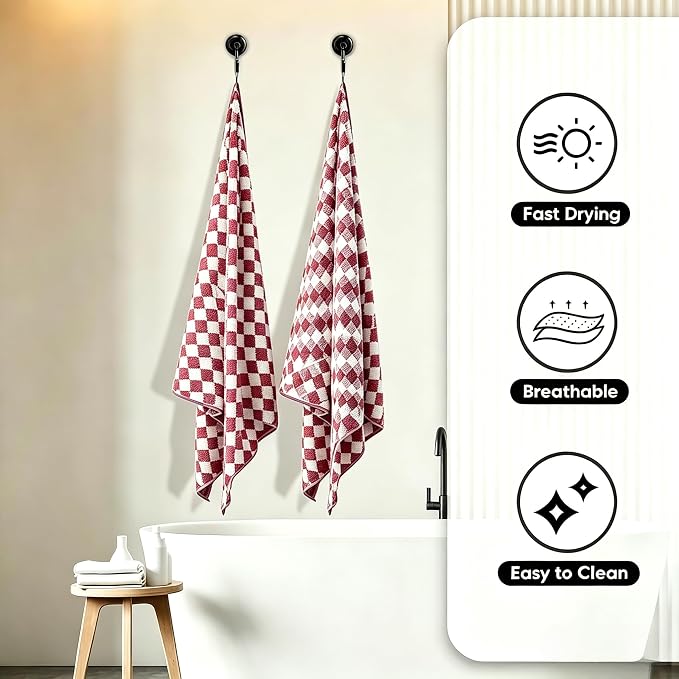 2 Pack Microfiber Bath Towels, 27×55 Inches Large Soft Quick Dry Shower Towels, Lightweight Absorbent Plaid Checkered Bath Towel Set for Bathroom, Travel, Pool, Gym, Home Use