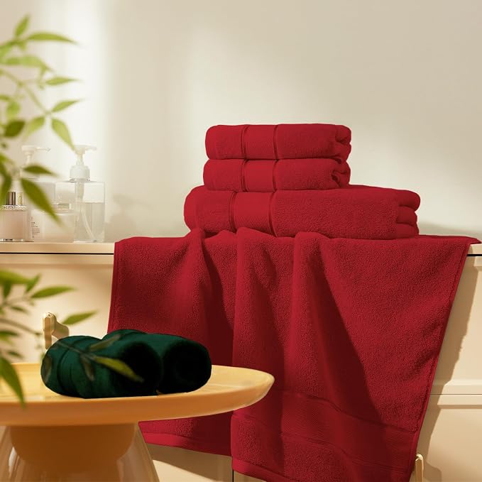 Marvione Bath Towels Set 6 Piece, 100% Turkish Cotton Highly Absorbent and Soft Towels for Bathroom 2 Bath Towels 2 Hand Towels 2 Washcloths, Red