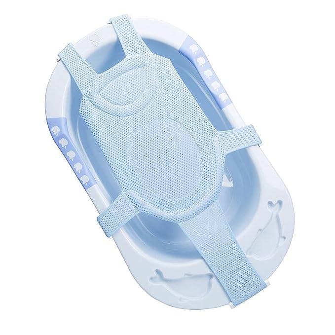 RUIXIA Adjustable Baby Bath Tube Support Mesh Net Soft Breathable Infants Shower Pad Newborn Bathing Mat 5-Point Anti-Slip Bathtub Seat with Sponge Cushion for Toddlers 0-18 Months, Blue, One Size
