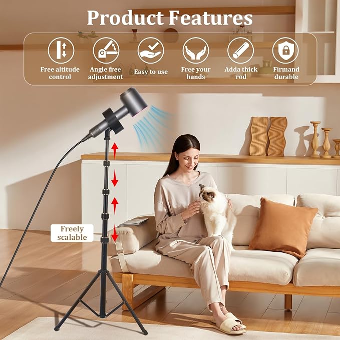 Hands Free Hair Dryer Stand with Tripod, 26-76 Inch Adjustable Height, 180° Rotating Universal Clip, Foldable Metal Blow Dryer Holder for Bathroom Vanity Makeup Room Home Styling & Pet Grooming, Fits Most Hair Dryers
