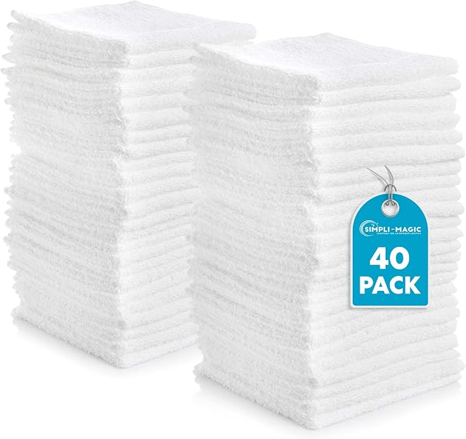 SIMPLI-MAGIC Cotton Washcloths White, 40 Pack, Size: 12”x12”