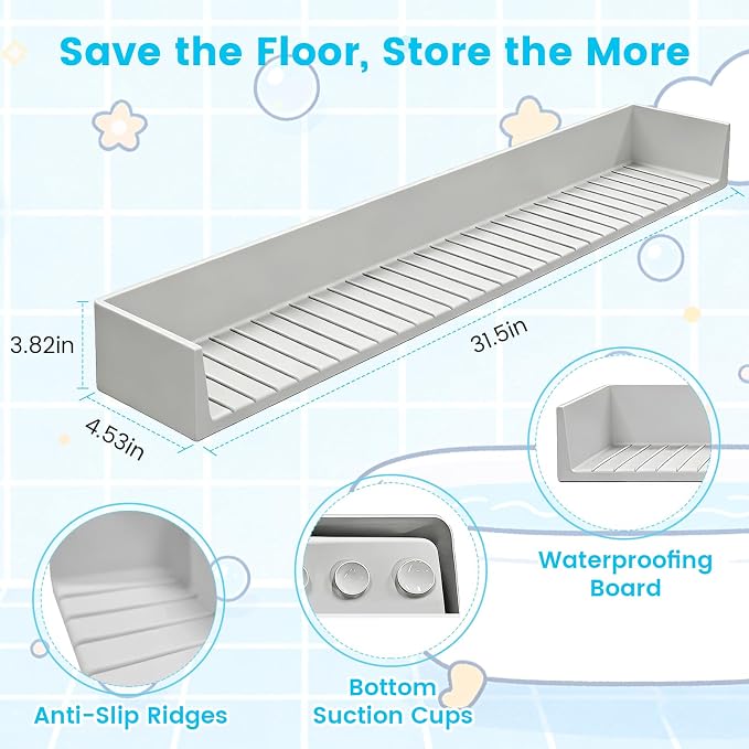 Bathtub Splash Guard with Suction Cups, Silicone Bathtub Guard with Non-Slip Ridges, Bathtub Edge Guard for Kids, Elderly, Pets(Grey)