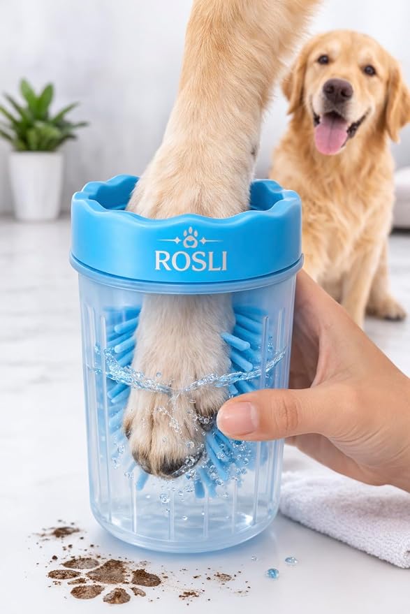 ROSLI Dog Paw Clianer Cup - Portable Pet Paw Washer for Dogs - Deep Cleaning Mud & Dirt - Silicone Brush - Easy to Use & Wash (Blue, Large) (Blue, Large)
