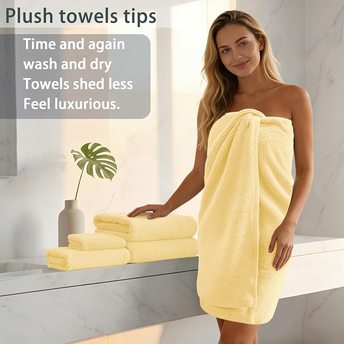 Yellow Towels for Bathroom - 100% Cotton | Quick Dry | Soft | Thick | Large, 3 Piece Towel Set, 1 Large Bath 30" x 56", 1 Hand 18" x 28", 1 Wash Cloth 13" x 13", Bathroom Essentials, Lemon Glow