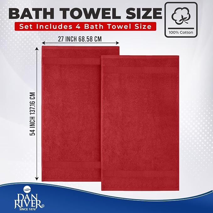 DAN RIVER Large Bath Towels Set of 4, 27 x 54 Inches, 600 GSM Larger & Lighter Weight Towels for Bathroom - Highly Absorbent & Quick Dry 100% Cotton Bath Towel Set for Home, Gym, Spa & Hotel - Grey