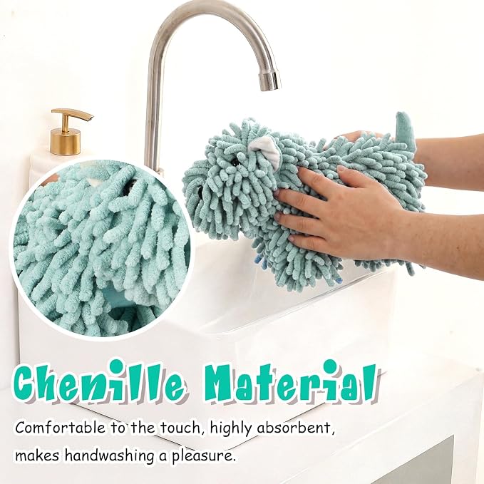 Tegeme 1 Pcs Chenille Dog Hand Towel Fuzzy Towel Absorbent Microfiber Soft for Bathroom Kitchen Washstand (Green,Standing Dog)
