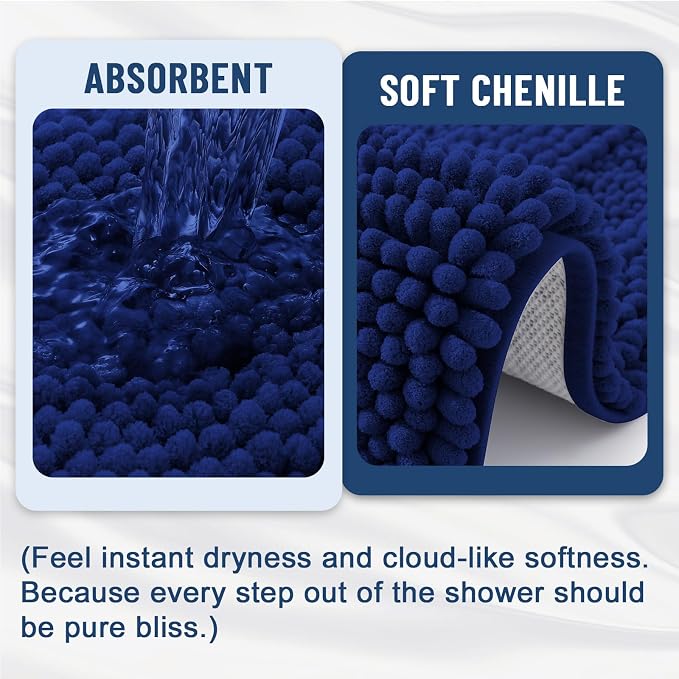 Grandaily Chenille Striped Bathroom Rugs 59x35, Extra Thick and Soft Absorbent Bath Mats, Rubber Backing, Plush Shaggy Shower Carpet, Machine Wash Dry, Bath Rug for Bathroom, Navy Blue