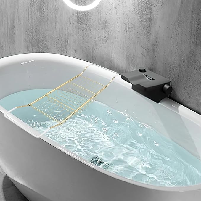 Sewroro Stainless Steel Bathtub Tray Telescopic Bath Rack Storage Organizer Over Tub Tray for Home Bathing Phone Holder (Golden)