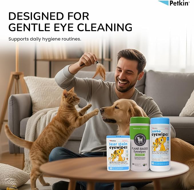 Petkin Jumbo Pet Eye Wipes, 80 Extra Moist Wipes - Gentle Eye Cleansing Wipes Remove Dirt, Discharge, & Tear Stains - Safe, Convenient, & Easy to Use Pet Wipes for Dogs, Cats, Puppies & Kittens