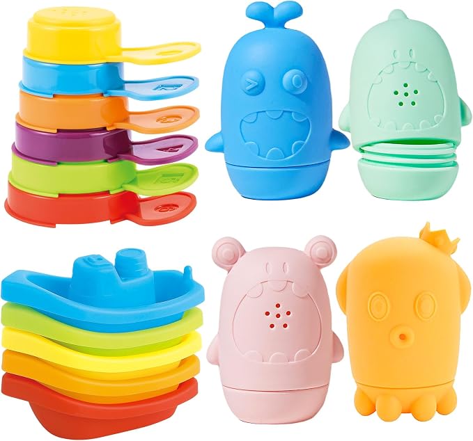 Baby Bath Toys for Kids, 15 PCS Mold Free Toddler Bath Toys Pool Water Table Toys Rainbow Color Floating Boats, Spoons & Sensory Silicone Bath Toys, Bathtub Water Toys for Toddlers 1-3 and Babies