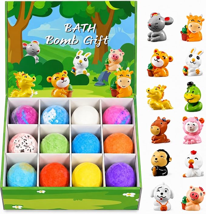 Bath Bombs for Kids with Surprise Animal Toys Inside Gift Set | 12 Pack Kids Bath Bombs with Toys Inside, Kid Bubble Bath Fizzy for Girls Boys with Bath Toys Birthday Gifts