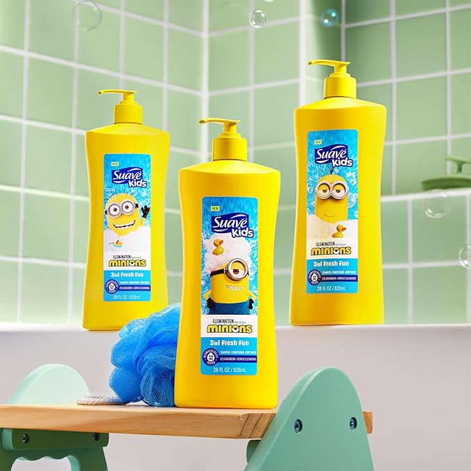 Suave Kids Minions Hair Products Bundle – 3-in-1 Coco-Craze Slime & Fun Fresh Shampoo, Conditioner & Body Wash + Detangler Spray, 28 Oz Ea (3 Piece Set)