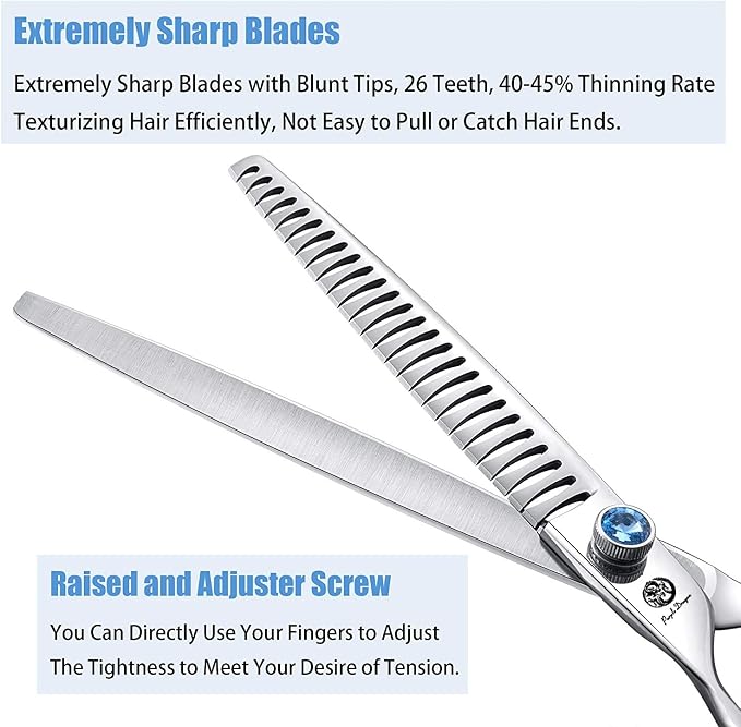 Purple Dragon 8.0" Left Handed Professional Pet/Dog Grooming Hair Cutting Scissors&Downward Curved Scissor &Chunker Shears with Bag - for Mancinism Pet Groomer or Family DIY