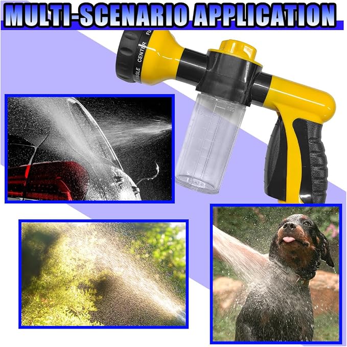 High Pressure Car Wash Foam Gun, 8 Way Spray Pattern Garden Hose Nozzle with 3.5oz/100cc Soap Dispenser, Adjustable Hose Spray Nozzle for Car Washing, Pet Shower, House Cleaning (Yellow)